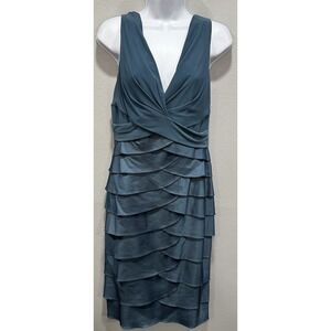 Adrianna Papell Midi Dress 12 Cadet Blue Sleeveless Stretch Layered Zip Formal